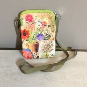 Art Bird Floral Crossbody Neoprene Sling Bag with Green Accents
